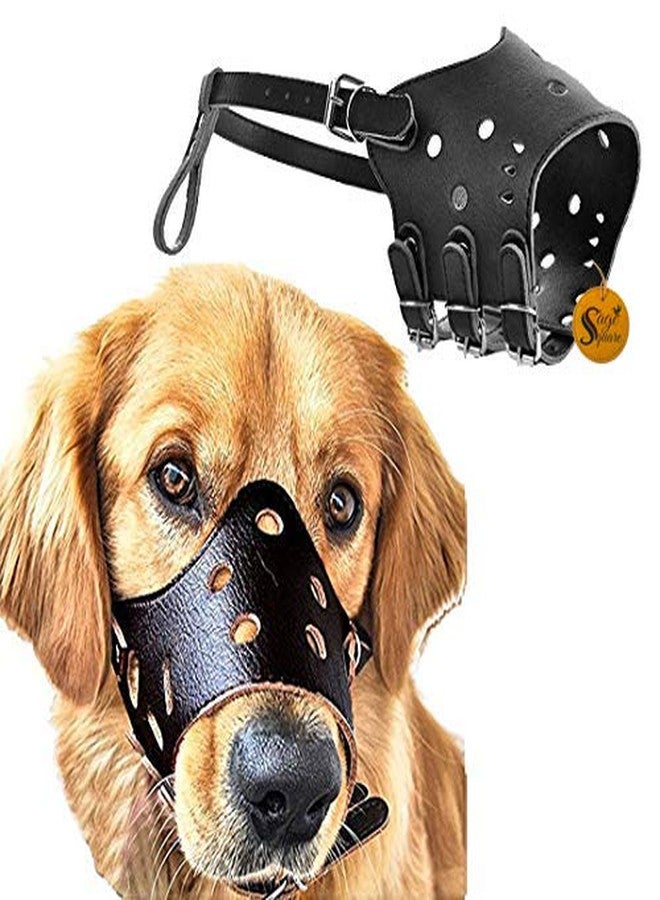 Sage Square Adjustable Strap Leather Muzzle with Breathable & DRINKABLE Holes Cum Mouth Cover Cum Pet Safety Collar for Dog, Puppy, Cat (Black) (Size: Medium) - Image 1